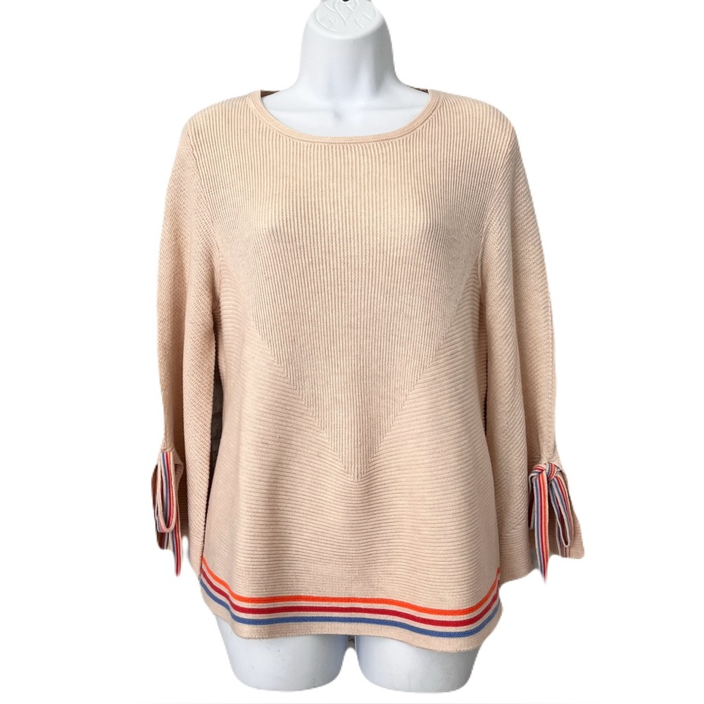 THML Oatmeal Chevron Ribbed Rainbow Striped Tie Bell Sleeve Sweater, Size S